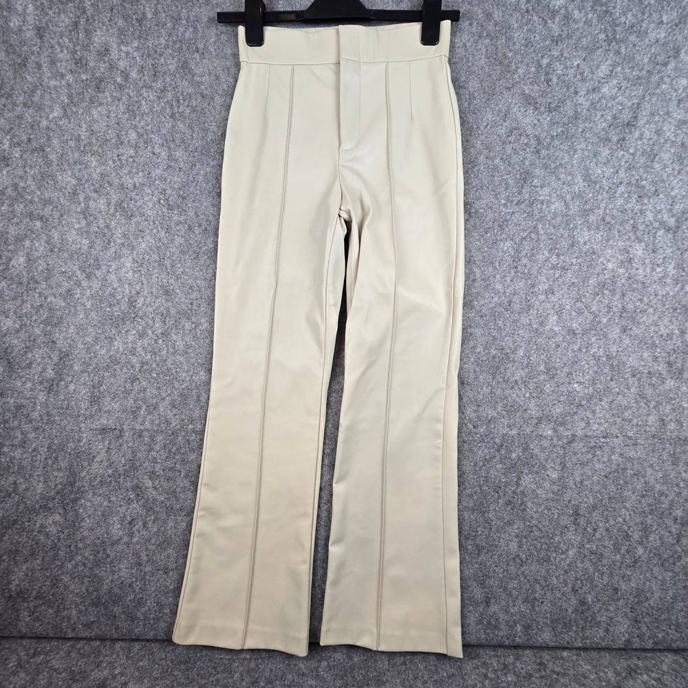 Zara Faux Leather Pants Women XS Cream Flared High Rise Seam Detail